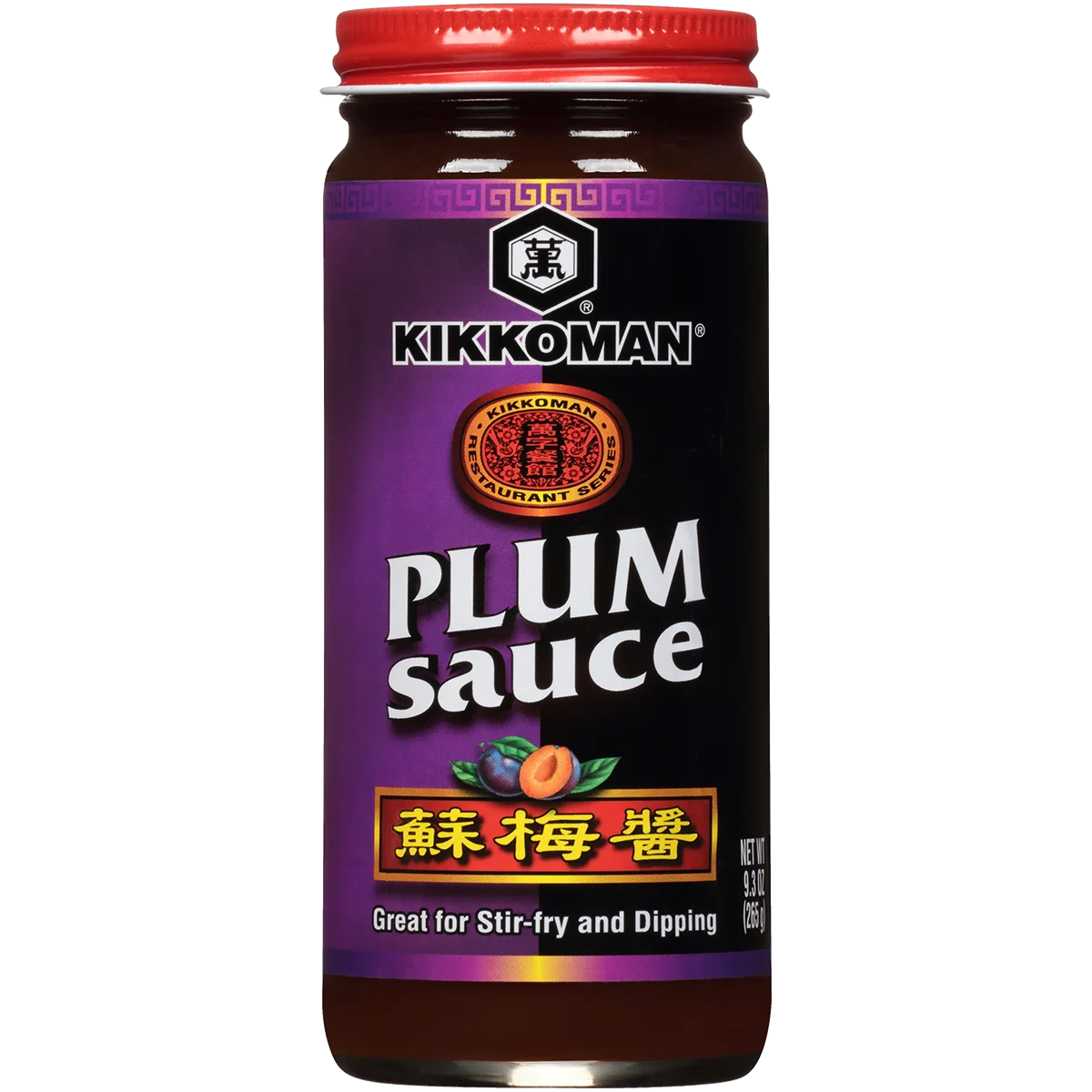 A jar of Kikkoman Plum Sauce with a purple label, showing the product name, an image of plums, and text stating it is great for stir-fry and dipping.