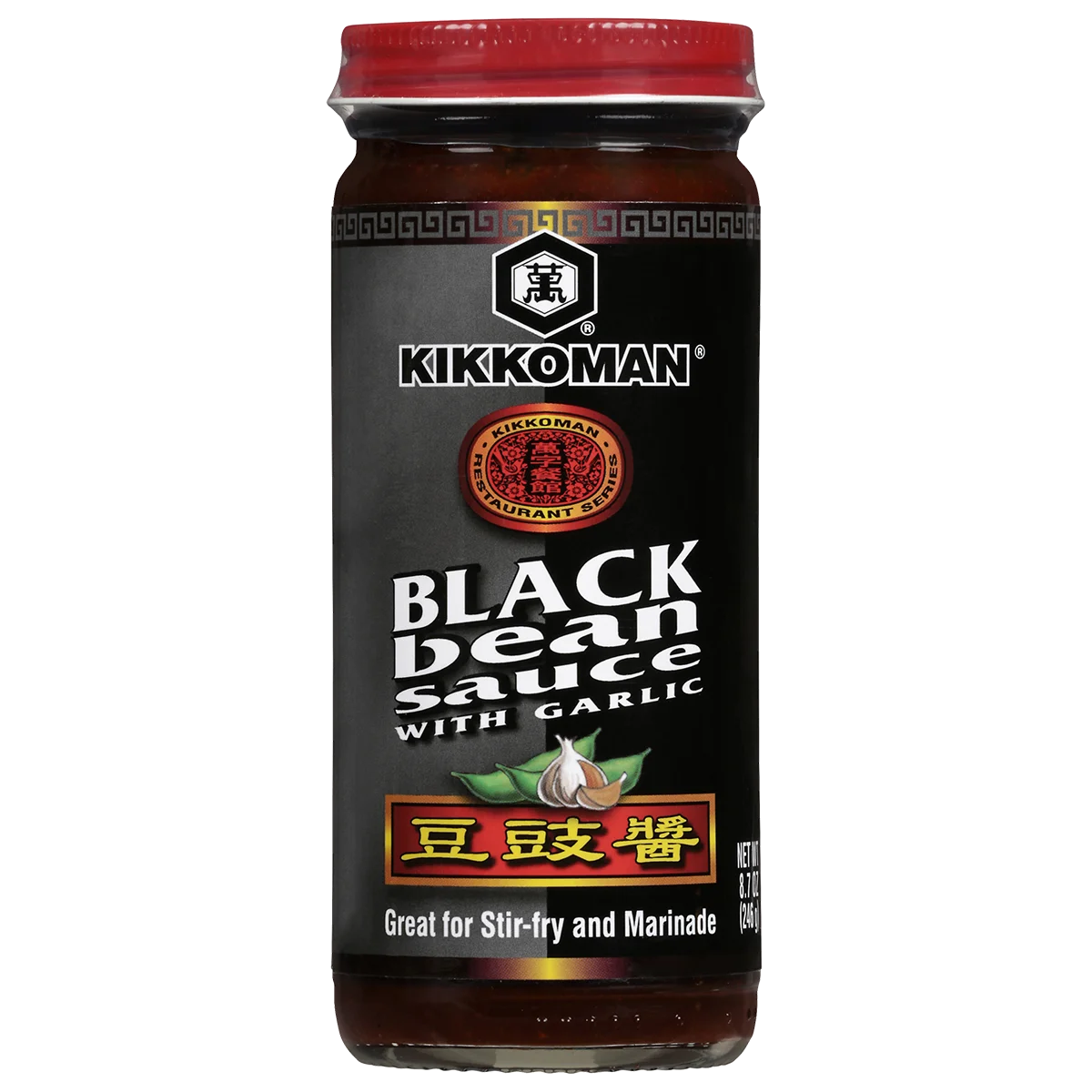 A jar of Kikkoman Black Bean Sauce with Garlic, labeled as great for stir-fry and marinade, with a black label and red lid.