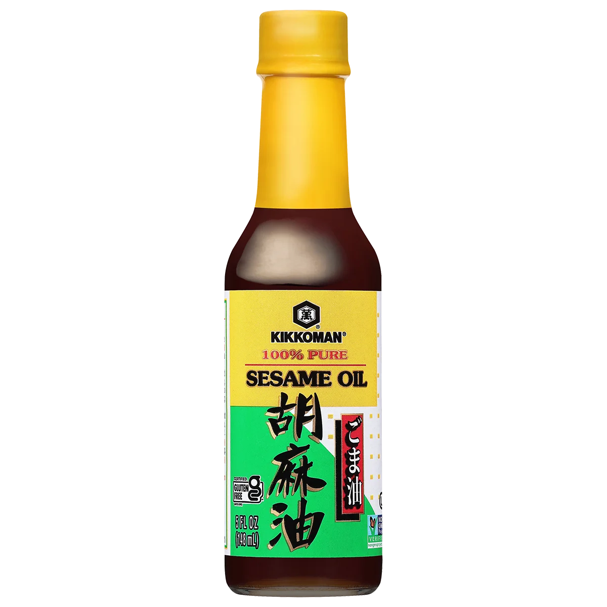A bottle of Kikkoman 100% pure sesame oil with a yellow cap and a green and yellow label featuring English and Japanese text.