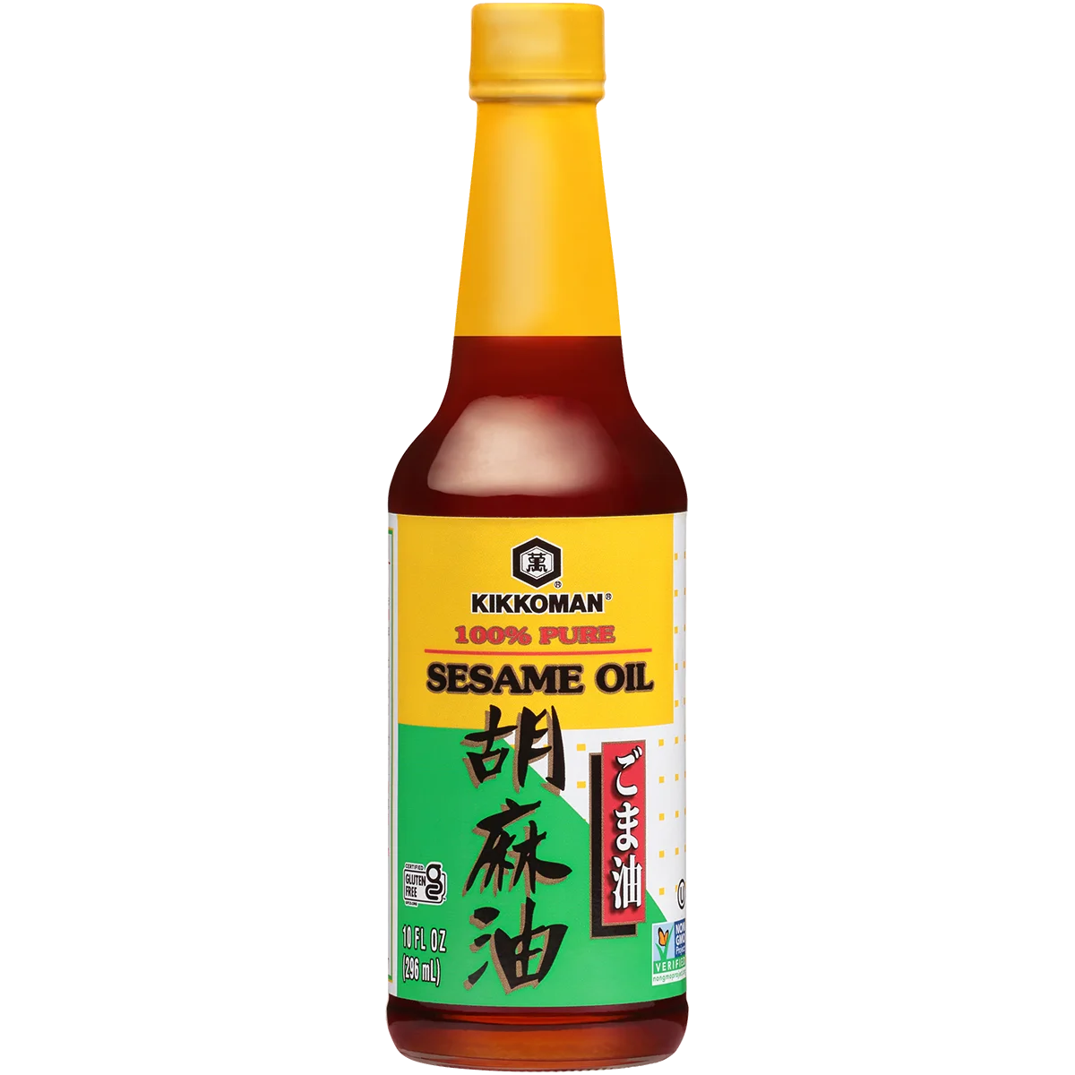 A bottle of Kikkoman 100% pure sesame oil with a yellow cap and a green, yellow, and red label showing product information and Japanese writing.