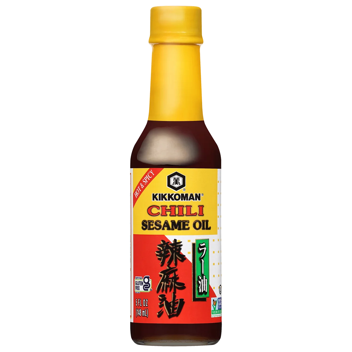 A bottle of Kikkoman Chili Sesame Oil with a yellow cap and red label displaying English and Chinese text.