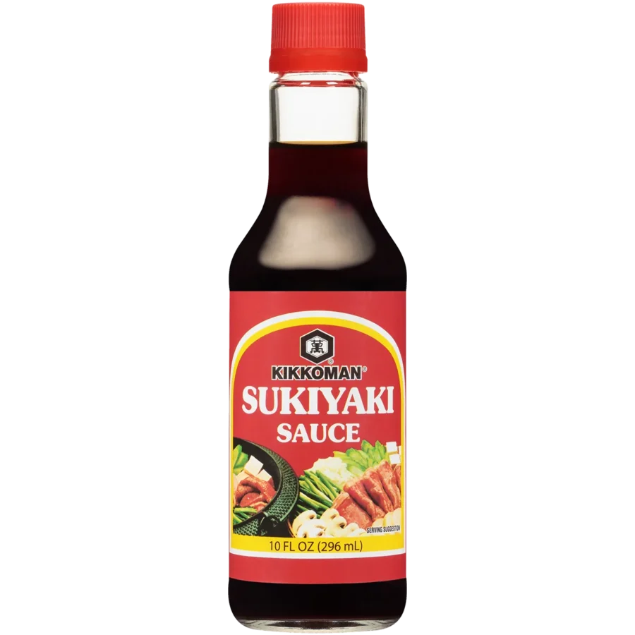 A 10 fl oz (296 mL) bottle of Kikkoman Sukiyaki Sauce with a red cap and a label showing food images and product information.