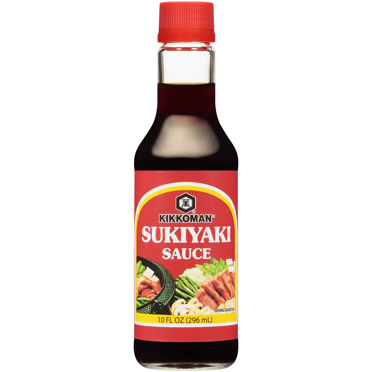 A 10 fl oz (296 mL) bottle of Kikkoman Sukiyaki Sauce with a red cap and a label showing food images and product information.
