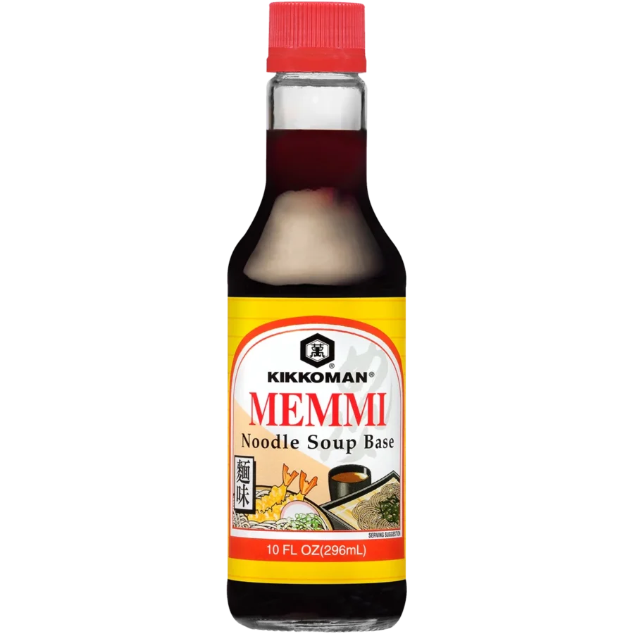 A bottle of Kikkoman Memmi Noodle Soup Base, 10 fl oz (296 mL), with a red cap and yellow label featuring food images and product information.