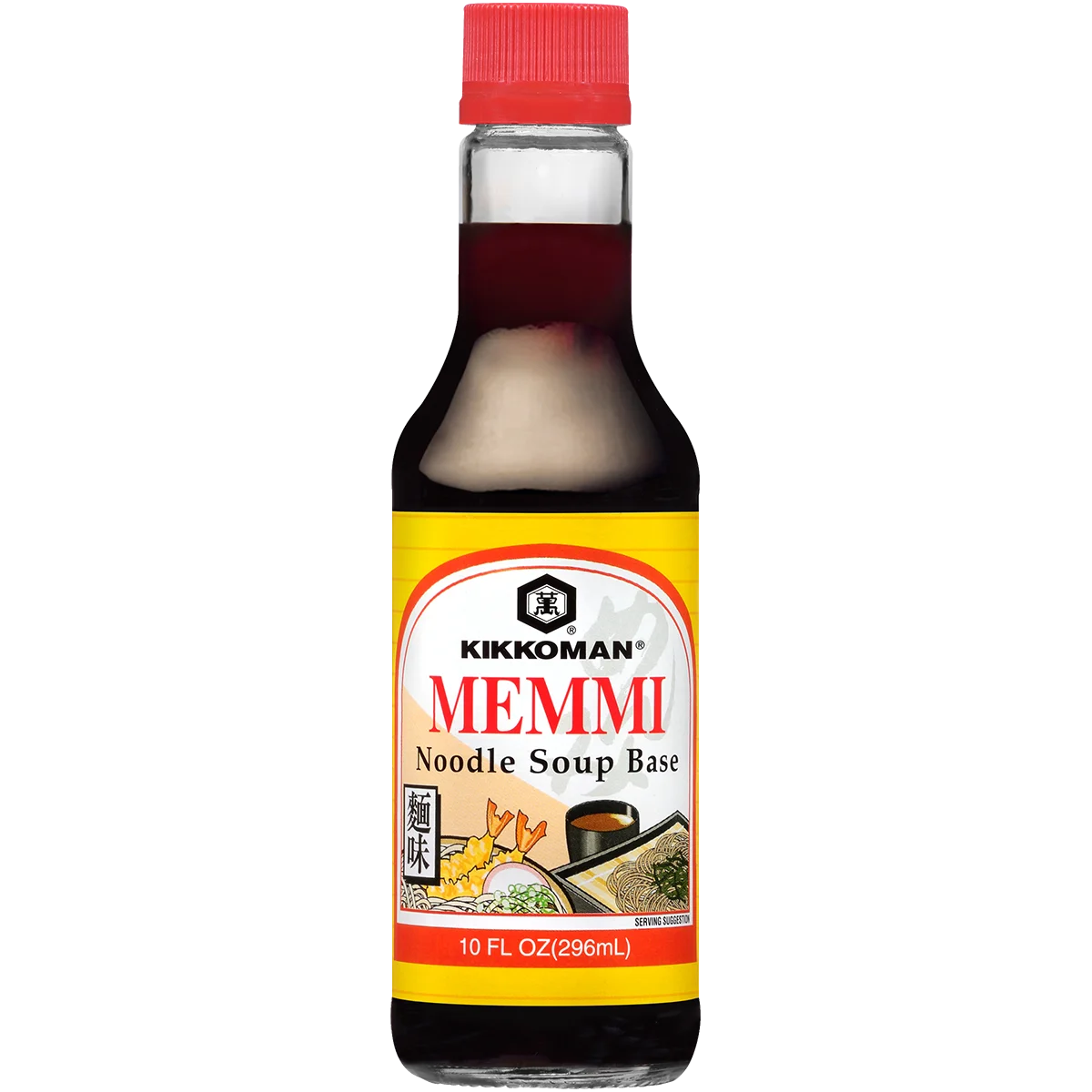 A bottle of Kikkoman Memmi Noodle Soup Base, 10 fl oz (296 mL), with a red cap and yellow label featuring food images and product information.