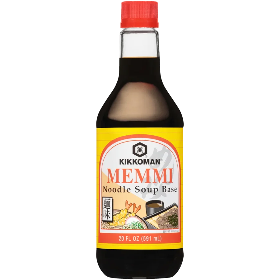 A 20 fl oz bottle of Kikkoman Memmi Noodle Soup Base with a red cap and a yellow label featuring food illustrations.