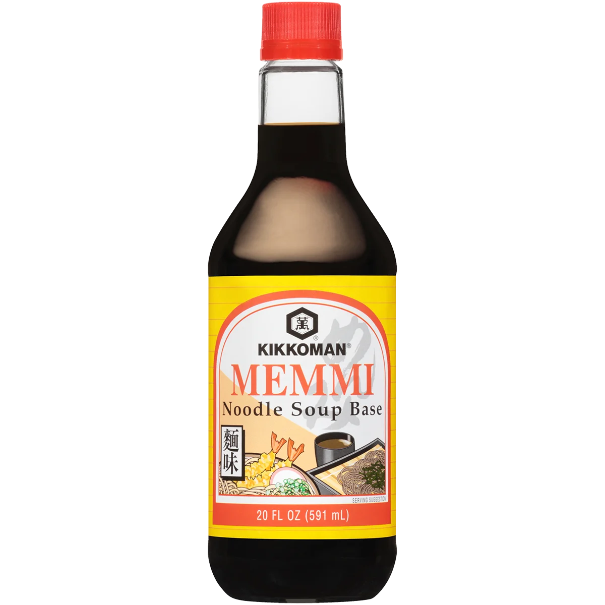 A 20 fl oz bottle of Kikkoman Memmi Noodle Soup Base with a red cap and a yellow label featuring food illustrations.