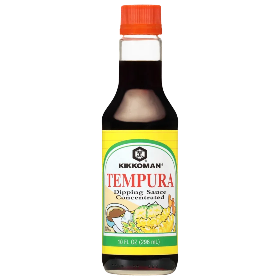 A 10 fl oz bottle of Kikkoman Tempura Dipping Sauce Concentrated with a yellow label and red cap.