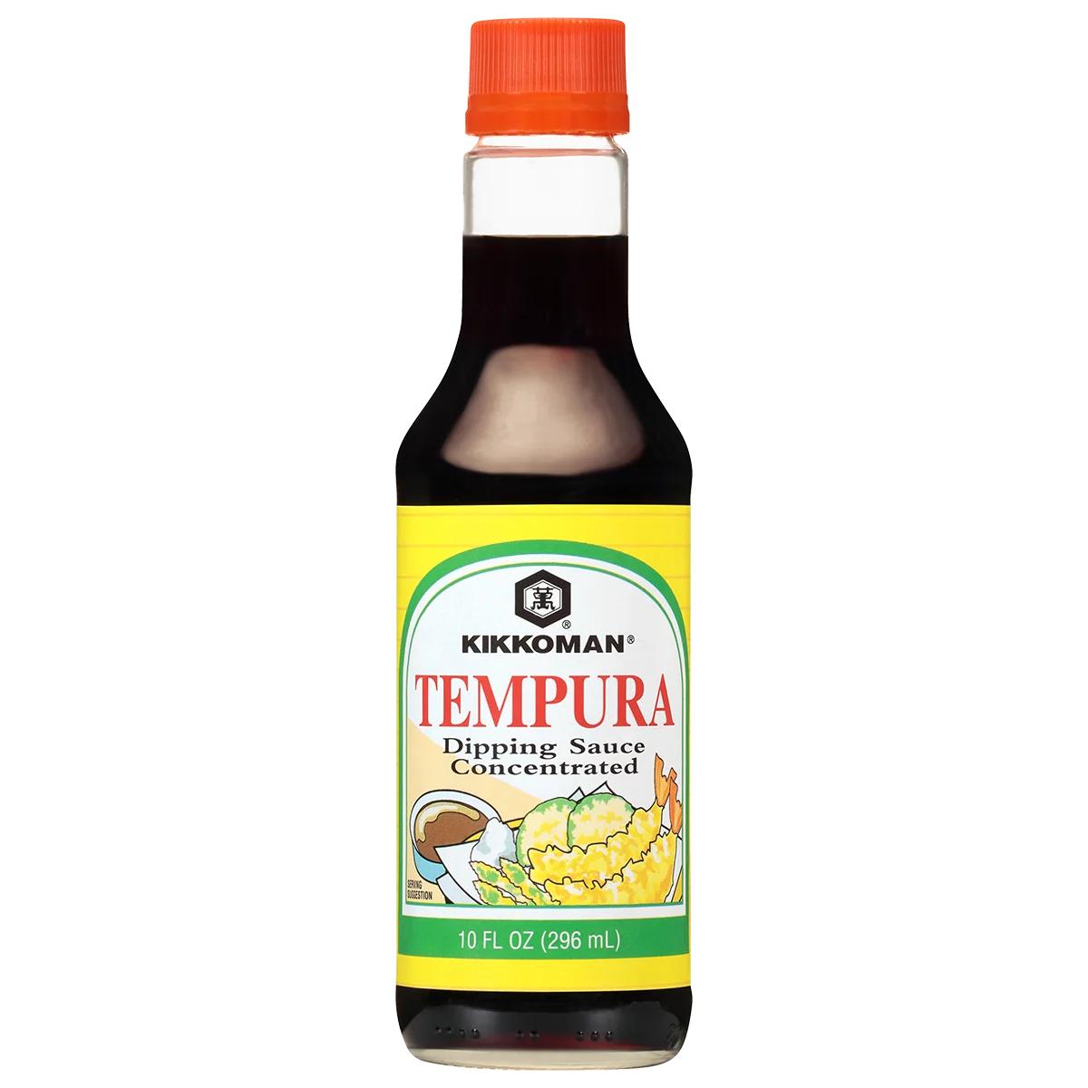 A 10 fl oz bottle of Kikkoman Tempura Dipping Sauce Concentrated with a yellow label and red cap.