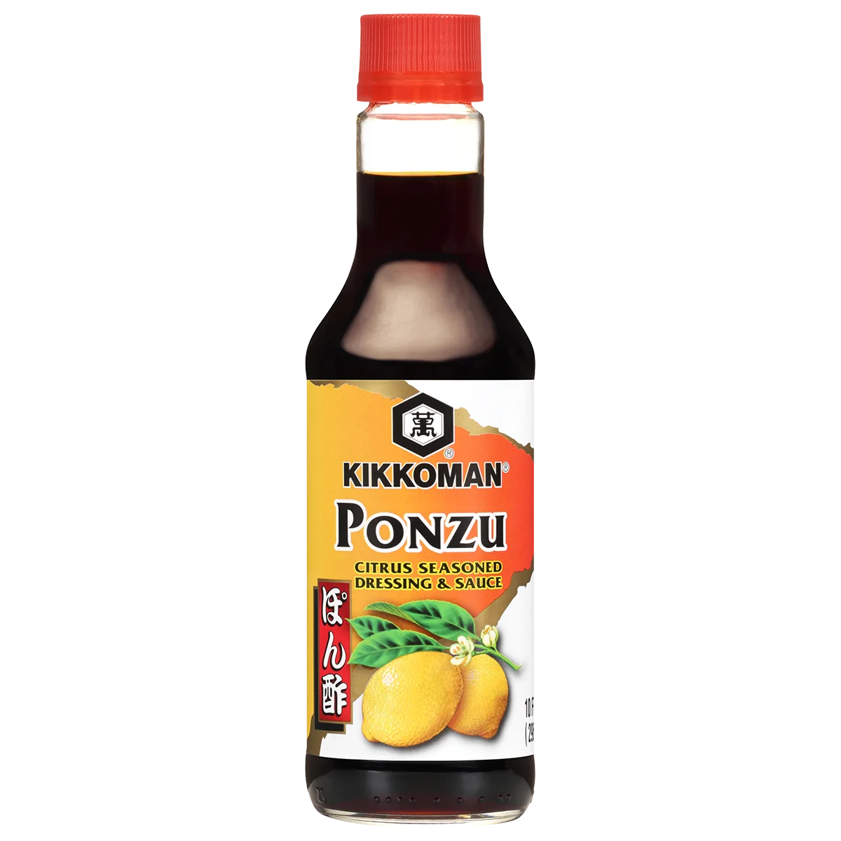 A bottle of Kikkoman Ponzu citrus seasoned dressing and sauce with a red cap and lemons illustrated on the label.