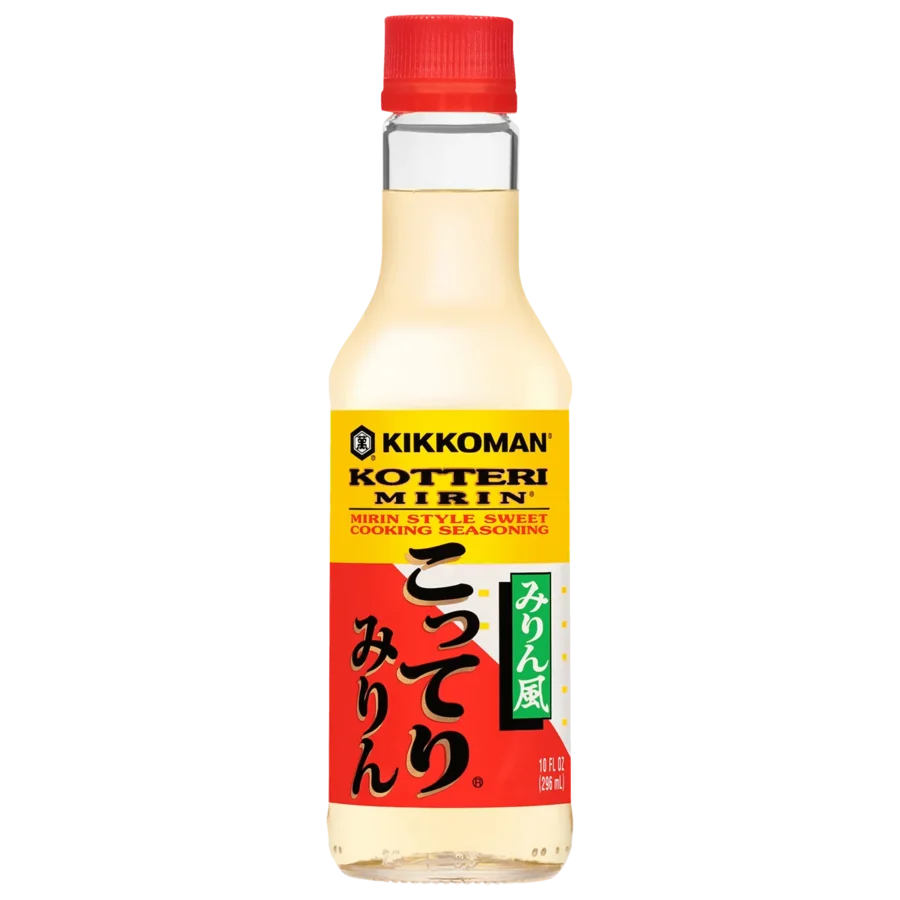 A bottle of Kikkoman Kotteri Mirin, a mirin-style sweet cooking seasoning, with a red cap and yellow label featuring Japanese and English text.