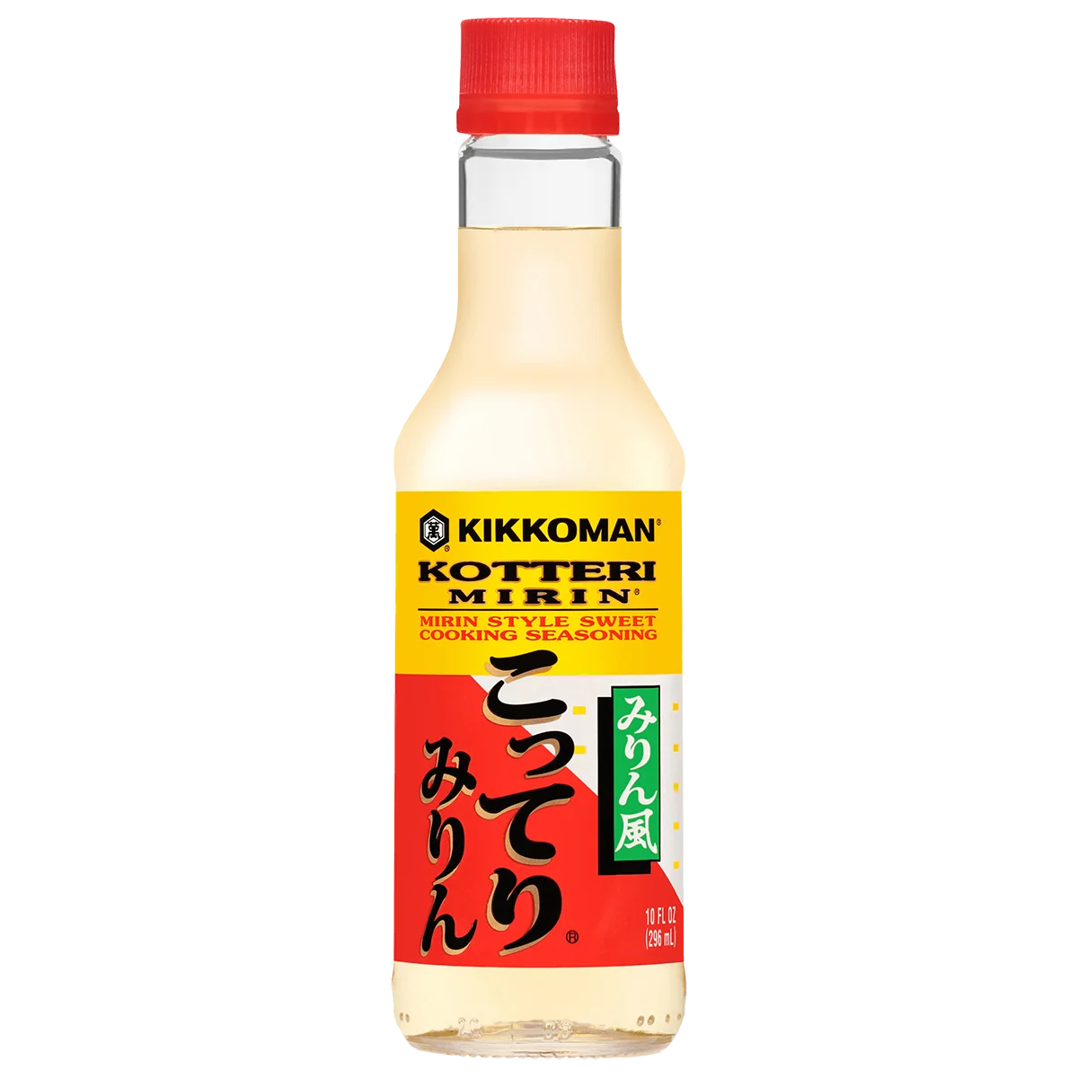 A bottle of Kikkoman Kotteri Mirin, a mirin-style sweet cooking seasoning, with a red cap and yellow label featuring Japanese and English text.