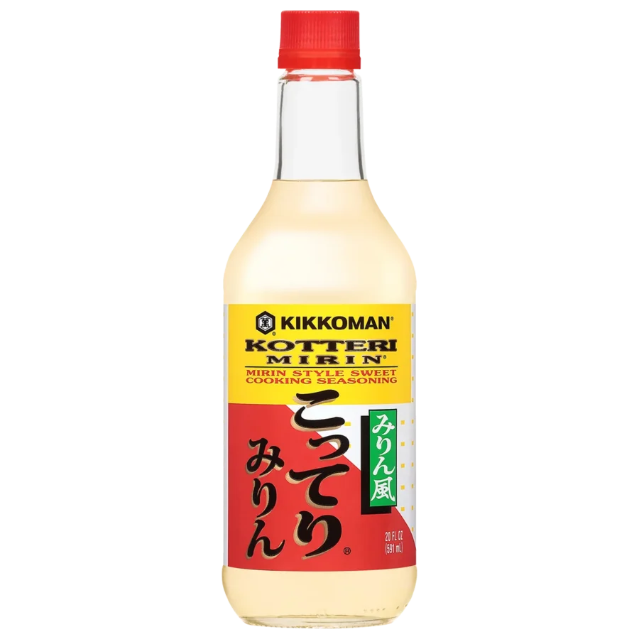 A bottle of Kikkoman Kotteri Mirin, a sweet cooking seasoning with a yellow and red label and a red cap.