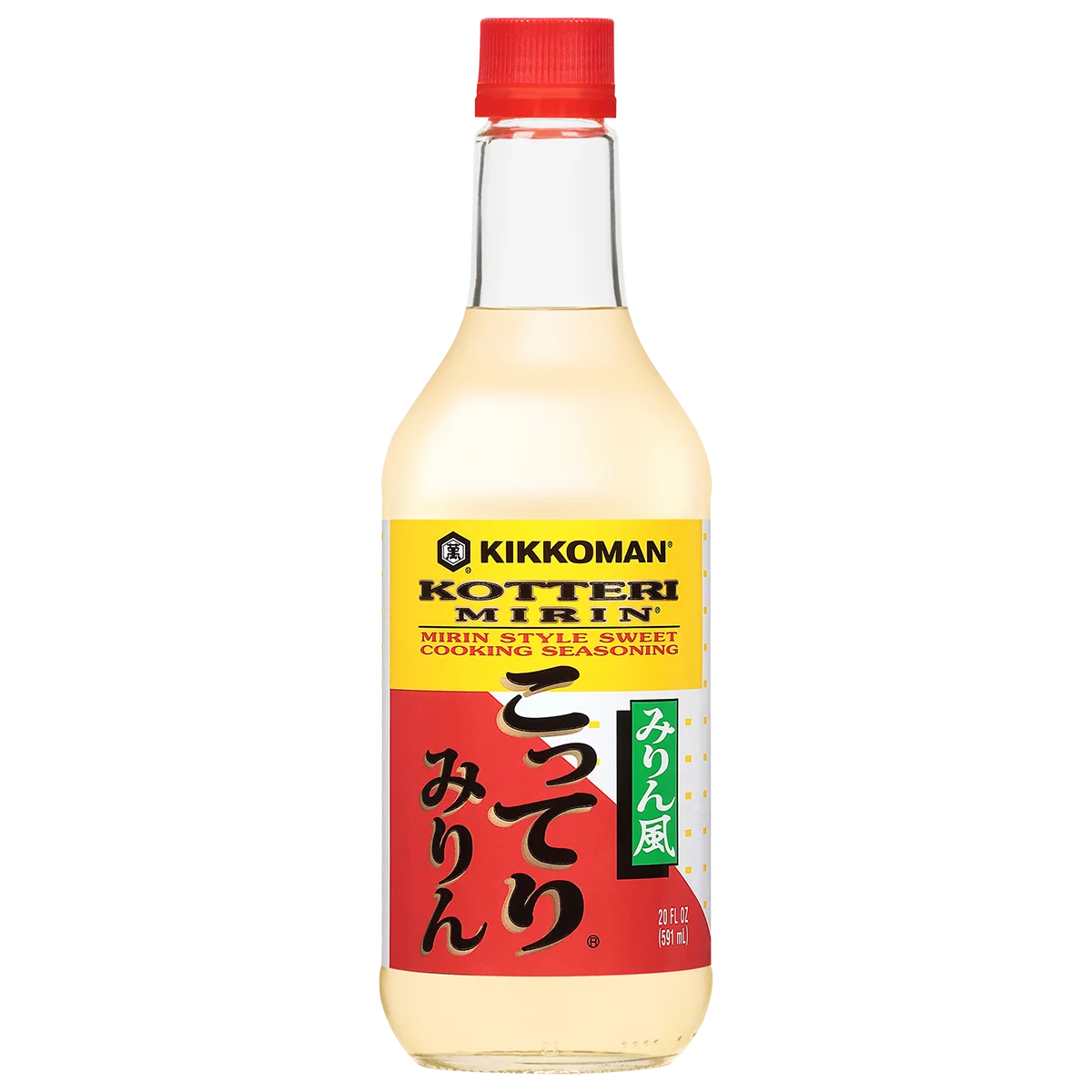 A bottle of Kikkoman Kotteri Mirin, a sweet cooking seasoning with a yellow and red label and a red cap.