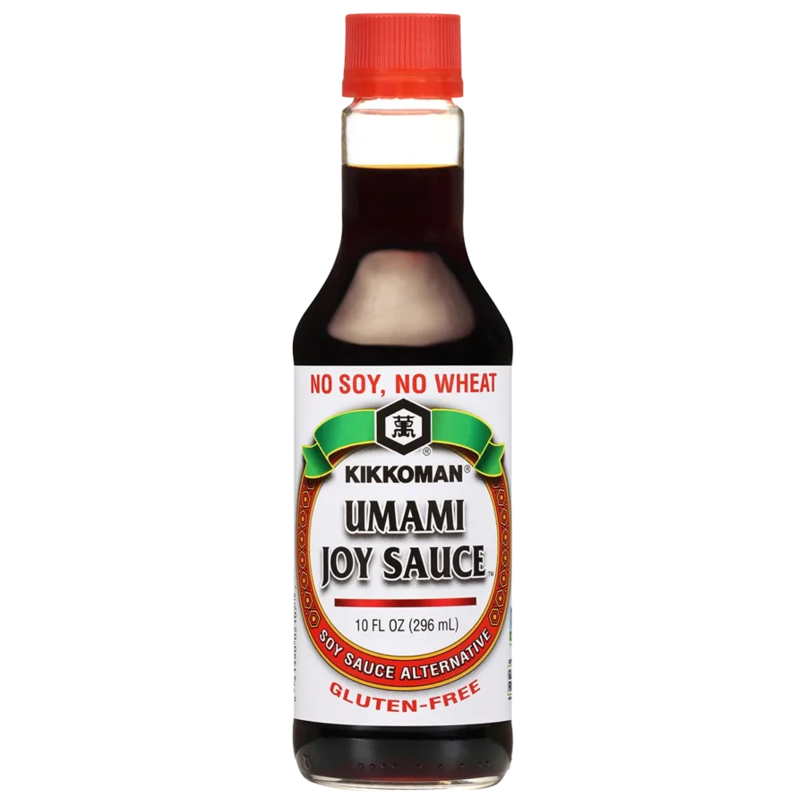 A bottle of Kikkoman Umami Joy Sauce with a red cap and label stating "No Soy, No Wheat" and "Gluten-Free"; 10 fl oz soy sauce alternative.