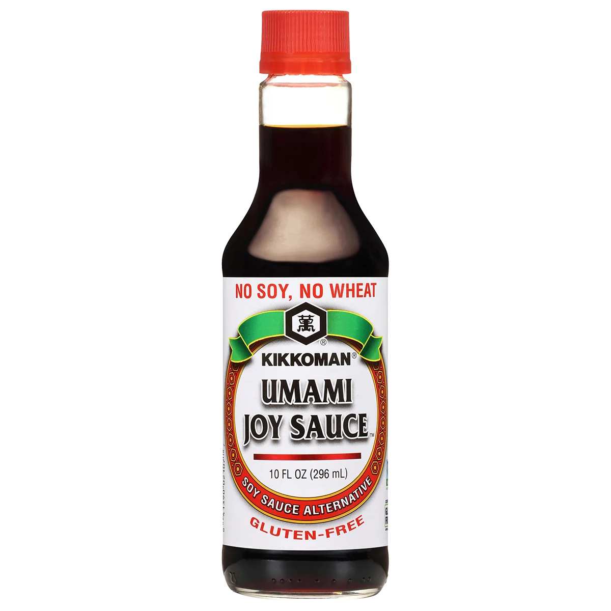 A bottle of Kikkoman Umami Joy Sauce with a red cap and label stating "No Soy, No Wheat" and "Gluten-Free"; 10 fl oz soy sauce alternative.