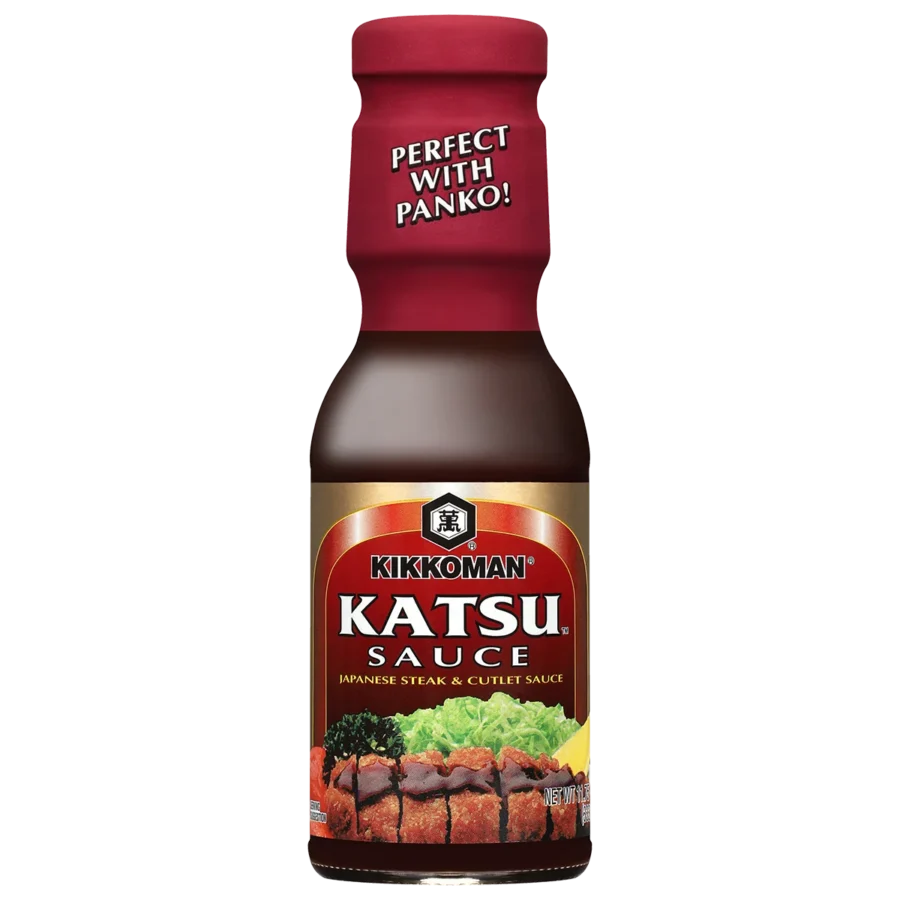 A bottle of Kikkoman Katsu Sauce with a red cap labeled "Perfect with Panko!" and an image of breaded cutlet and sauce on the label.