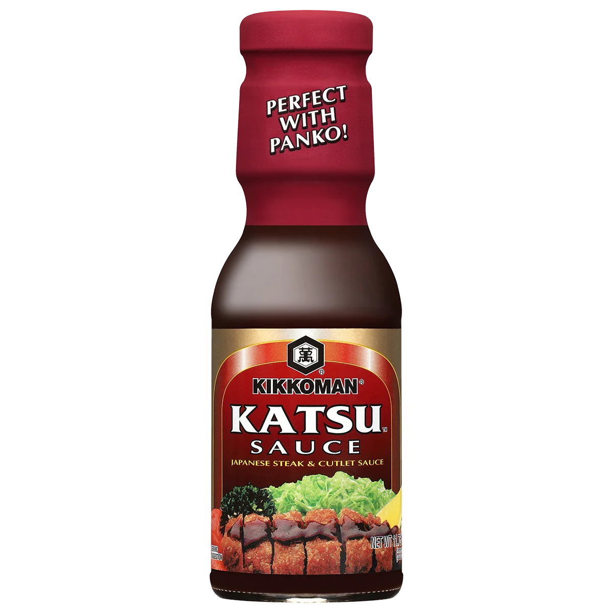 A bottle of Kikkoman Katsu Sauce with a red cap labeled "Perfect with Panko!" and an image of breaded cutlet and sauce on the label.