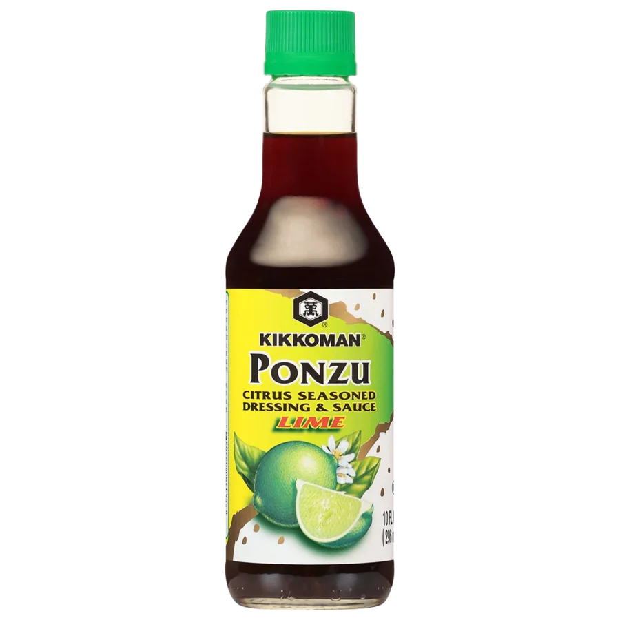A bottle of Kikkoman Ponzu Lime citrus seasoned dressing and sauce with a green cap and lime illustrations on the label.