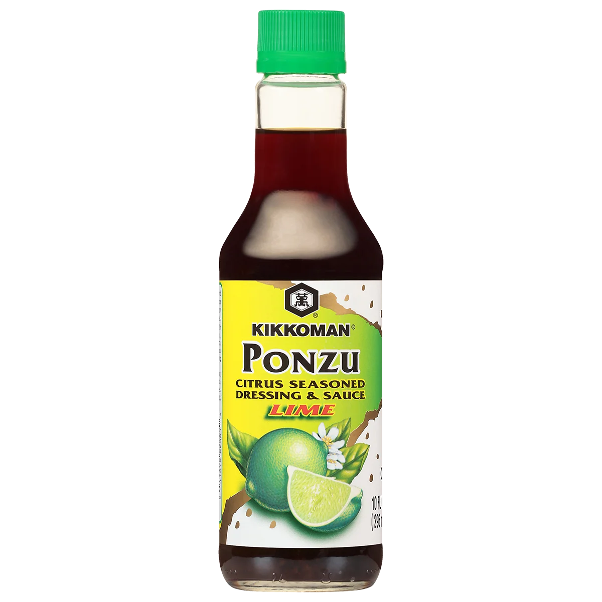 A bottle of Kikkoman Ponzu Lime citrus seasoned dressing and sauce with a green cap and lime illustrations on the label.