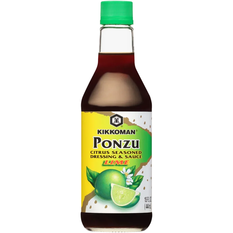 A bottle of Kikkoman Ponzu Lime Citrus Seasoned Dressing & Sauce with a green cap and a label featuring limes and white flowers.