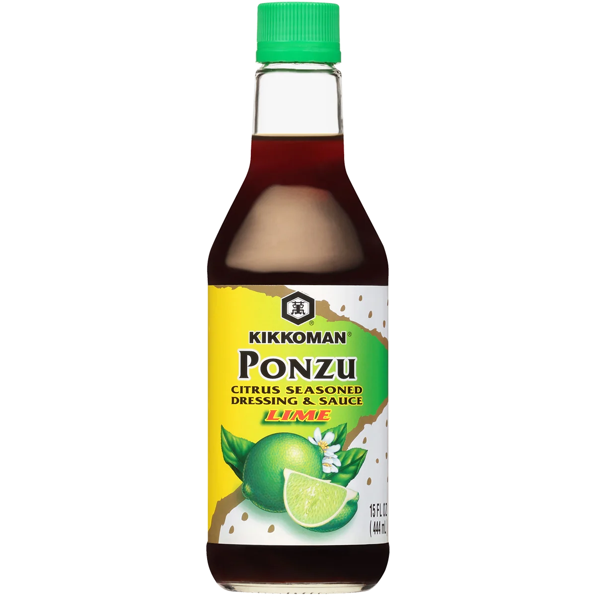 A bottle of Kikkoman Ponzu Lime Citrus Seasoned Dressing & Sauce with a green cap and a label featuring limes and white flowers.