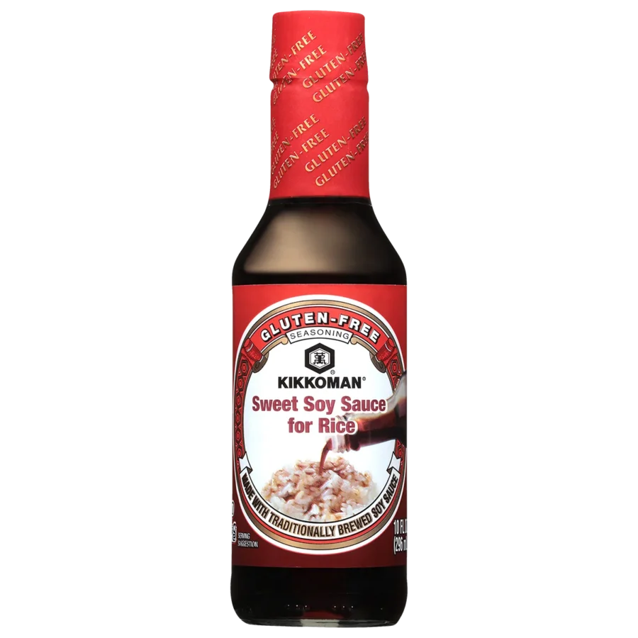 A bottle of Kikkoman Gluten-Free Sweet Soy Sauce for Rice with a red label and cap, featuring an image of rice on the front.