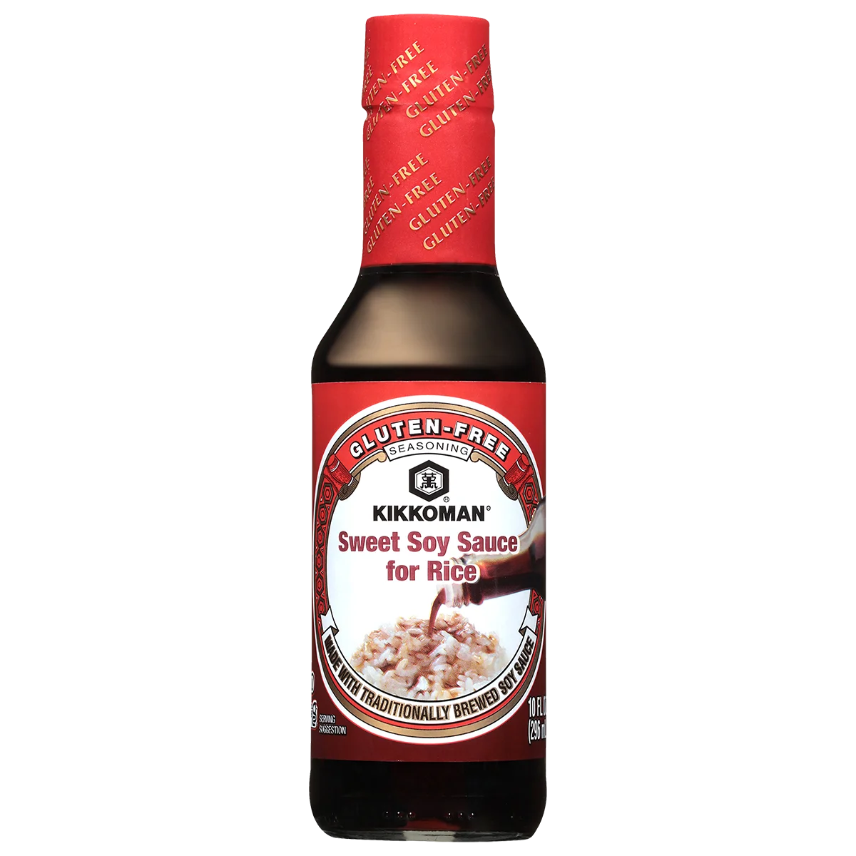 A bottle of Kikkoman Gluten-Free Sweet Soy Sauce for Rice with a red label and cap, featuring an image of rice on the front.