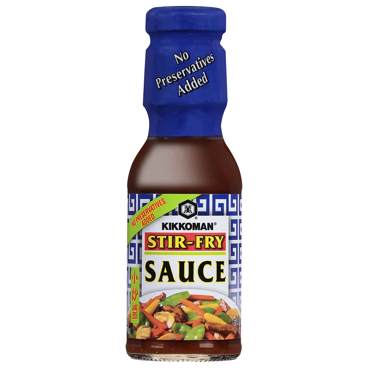 A bottle of Kikkoman Stir-Fry Sauce with a blue cap labeled "No Preservatives Added" and an image of stir-fried vegetables on the label.
