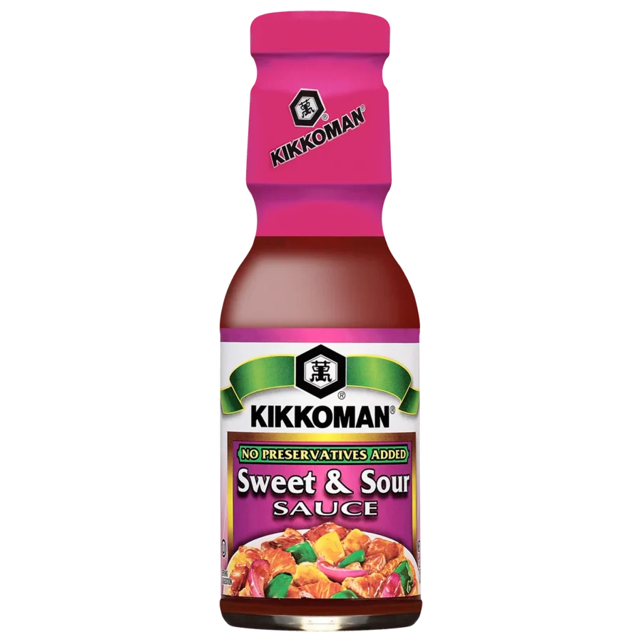 A bottle of Kikkoman Sweet & Sour Sauce with a pink cap and label, featuring an image of food and text stating "No Preservatives Added.