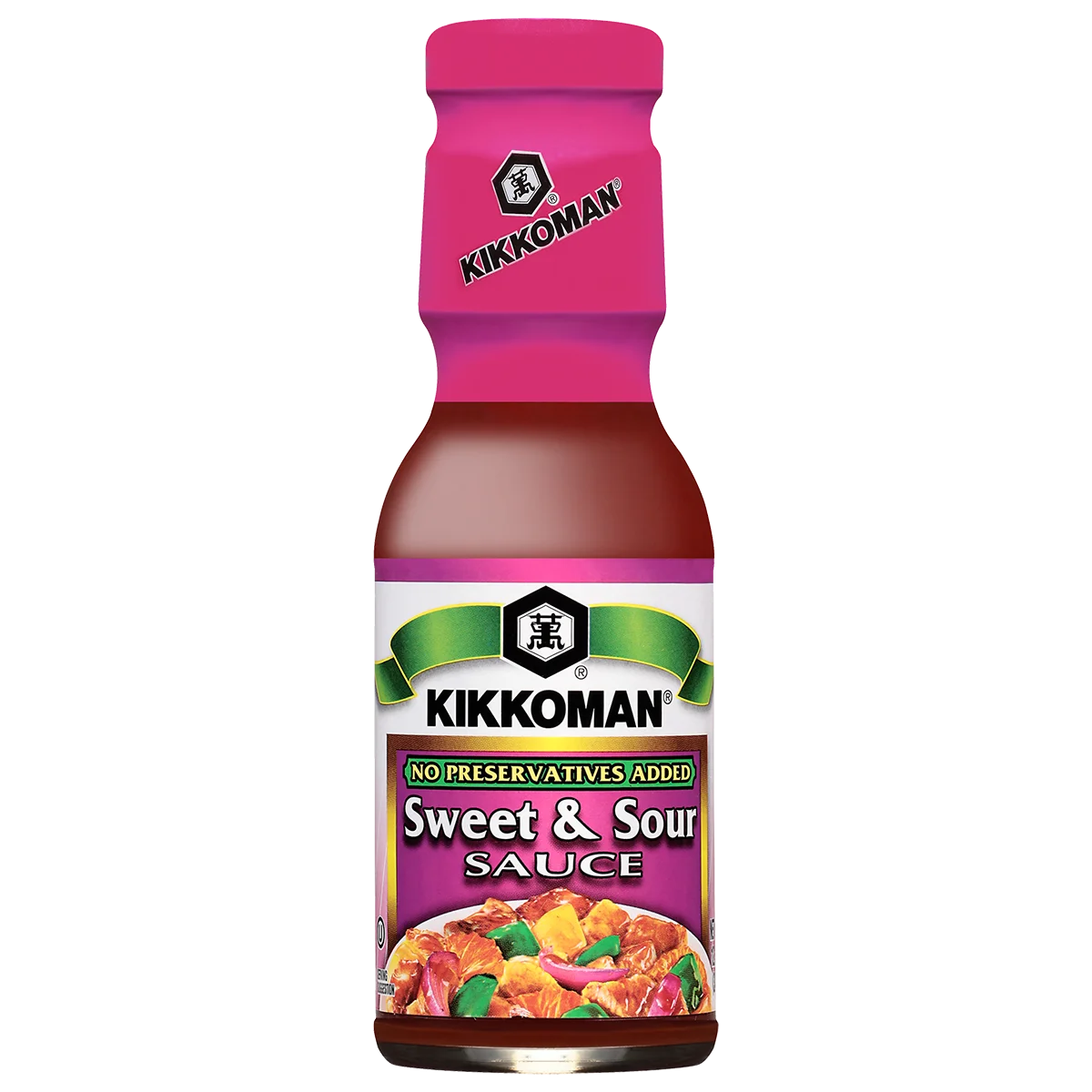 A bottle of Kikkoman Sweet & Sour Sauce with a pink cap and label, featuring an image of food and text stating "No Preservatives Added.