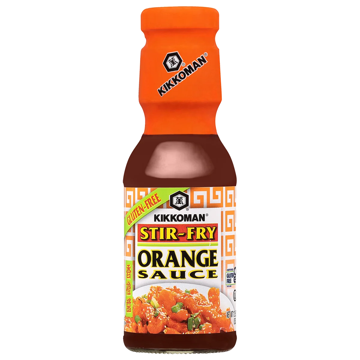 A bottle of Kikkoman Stir-Fry Orange Sauce labeled gluten-free, featuring an image of orange chicken on the front.