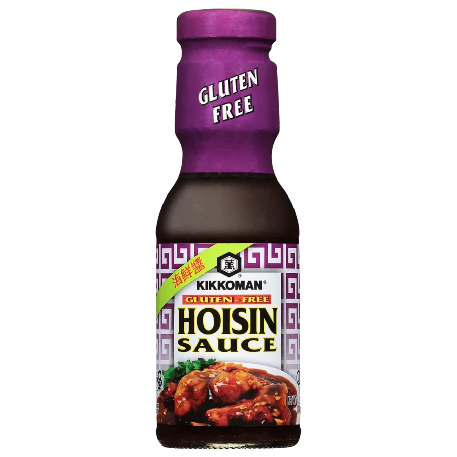 A bottle of Kikkoman gluten-free hoisin sauce with a purple cap and label, featuring an image of sauced meat on the front.