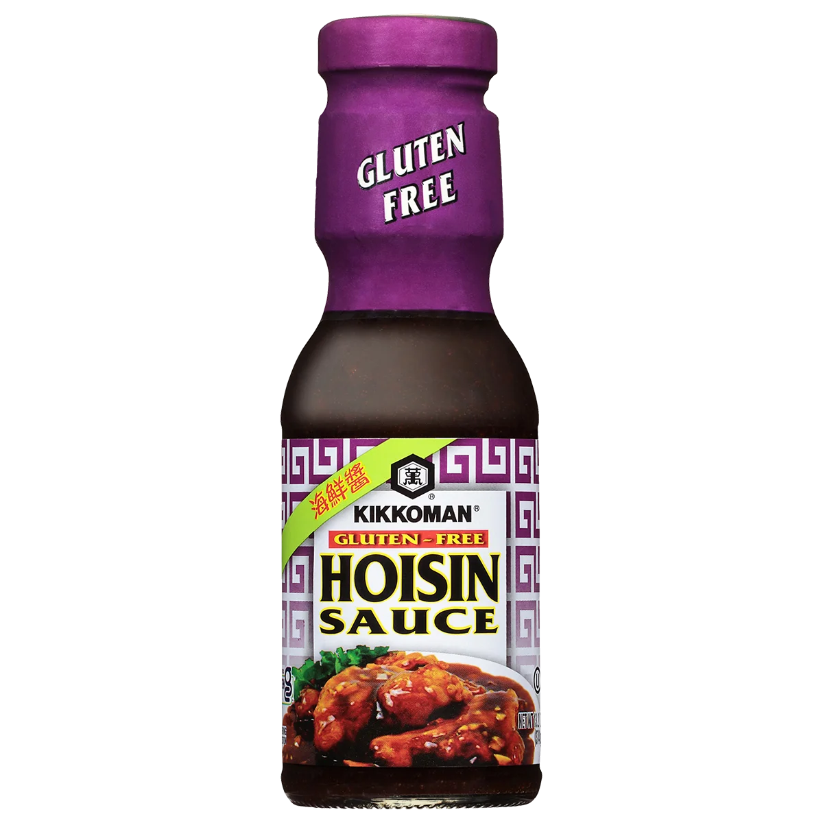 A bottle of Kikkoman gluten-free hoisin sauce with a purple cap and label, featuring an image of sauced meat on the front.