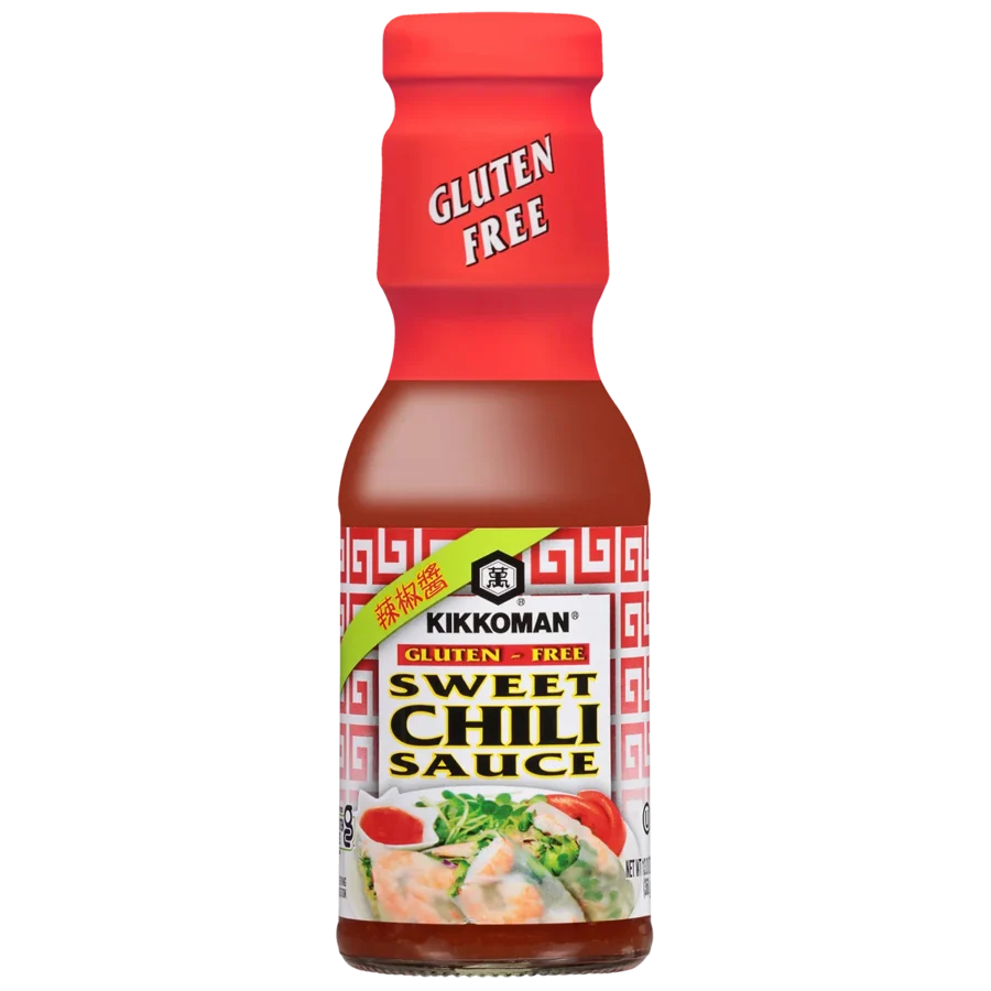 A bottle of Kikkoman gluten-free sweet chili sauce with a red cap and label featuring Asian-inspired design and food imagery.
