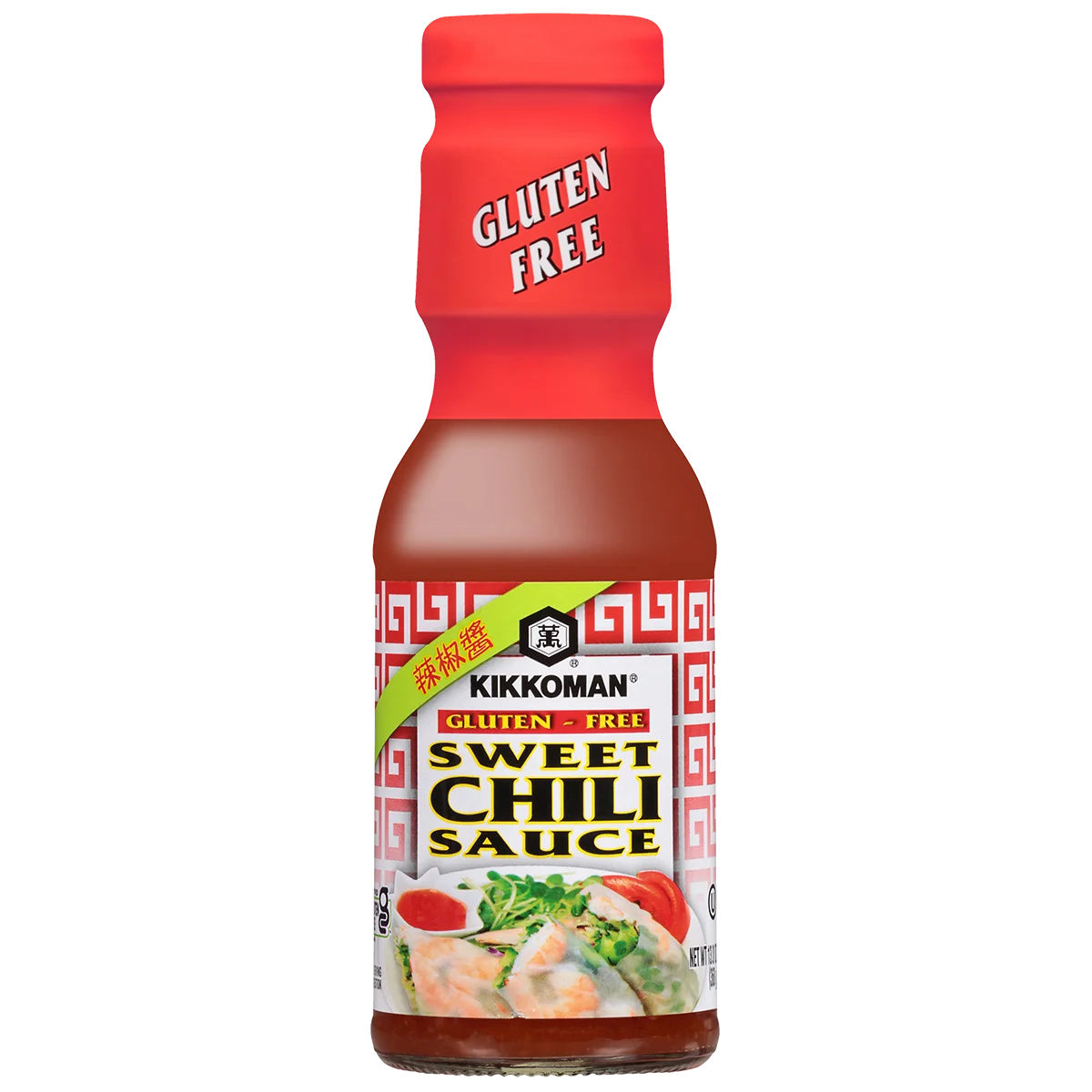 A bottle of Kikkoman gluten-free sweet chili sauce with a red cap and label featuring Asian-inspired design and food imagery.