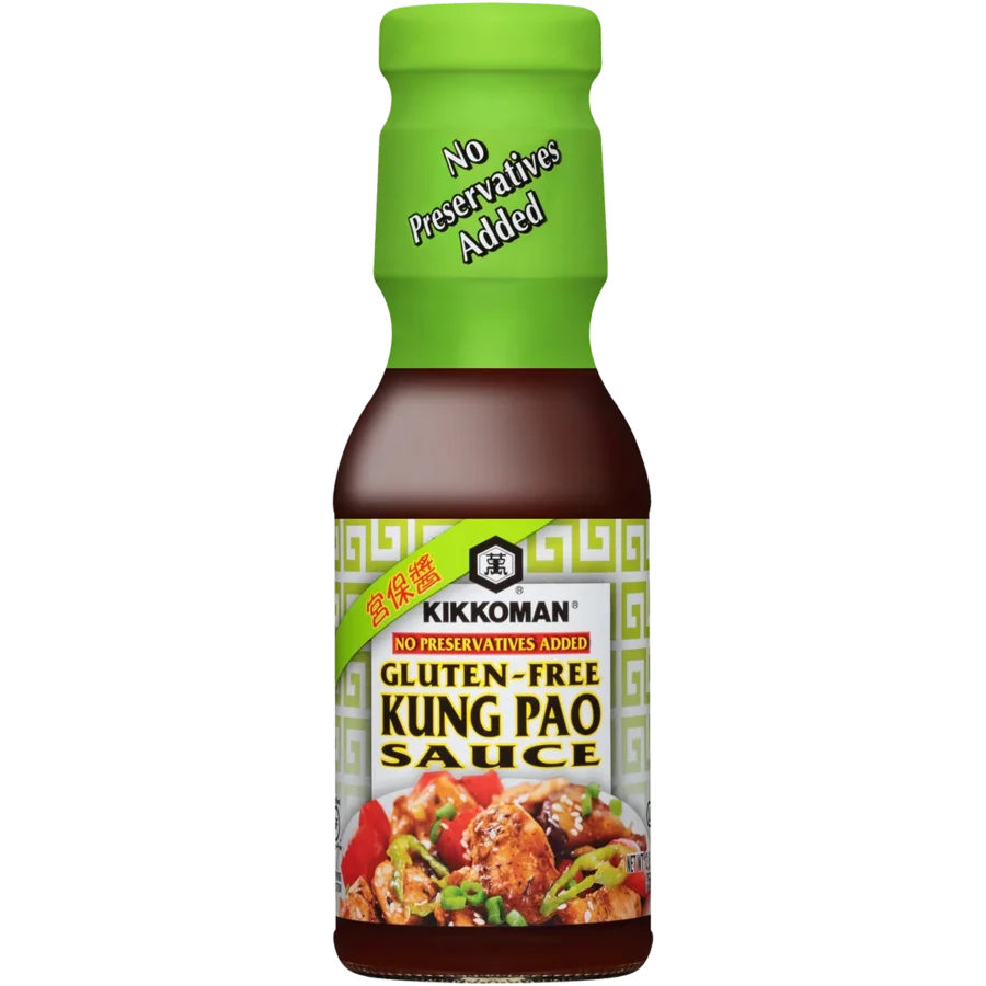 A bottle of Kikkoman Gluten-Free Kung Pao Sauce with a green cap labeled "No Preservatives Added," featuring an image of food on the front.
