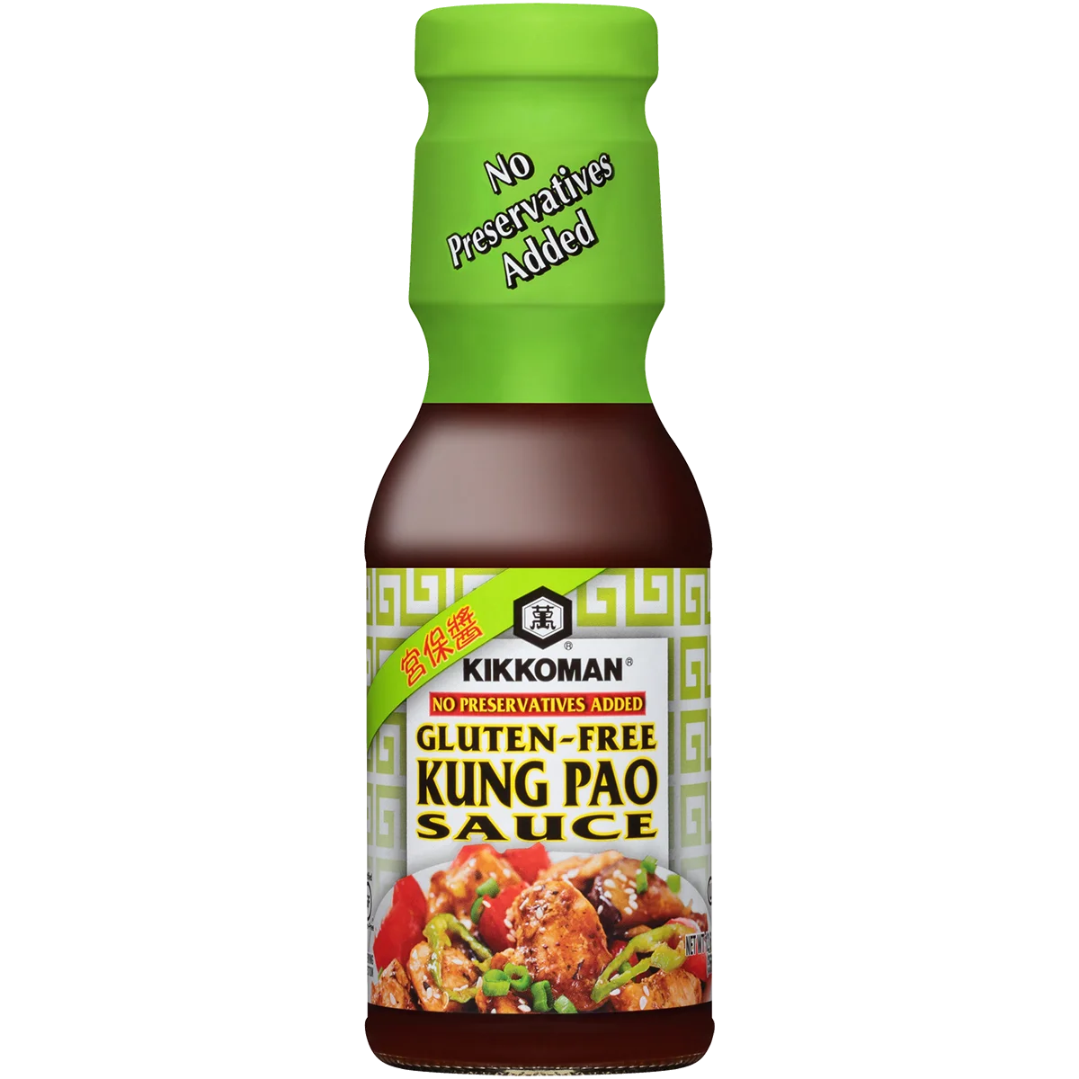 A bottle of Kikkoman Gluten-Free Kung Pao Sauce with a green cap labeled "No Preservatives Added," featuring an image of food on the front.