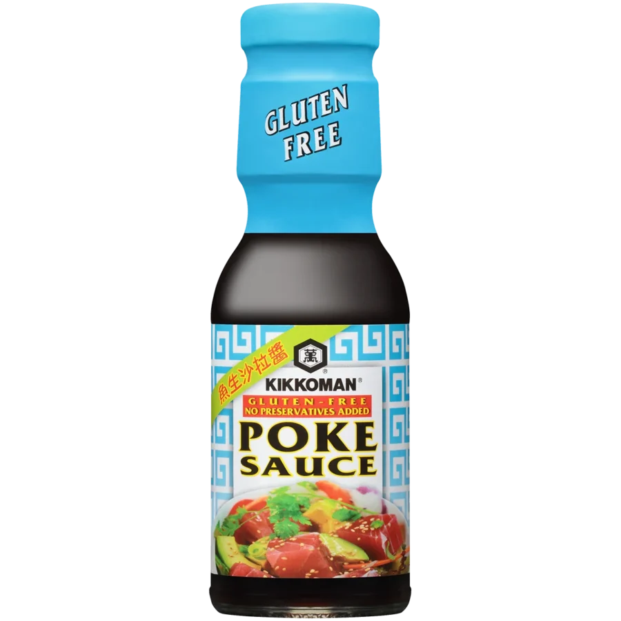 A bottle of Kikkoman Gluten Free Poke Sauce with a blue cap and label featuring a poke bowl image and "Gluten Free" text.