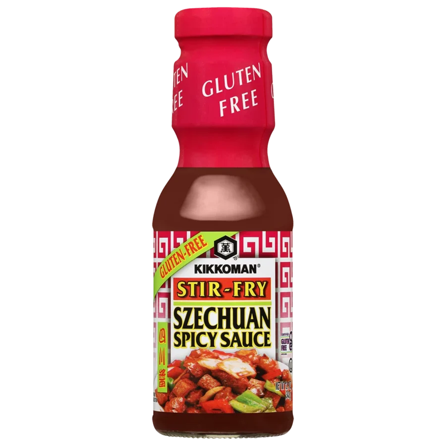 A bottle of Kikkoman Gluten Free Stir-Fry Szechuan Spicy Sauce with a red cap and label featuring a picture of stir-fried vegetables.