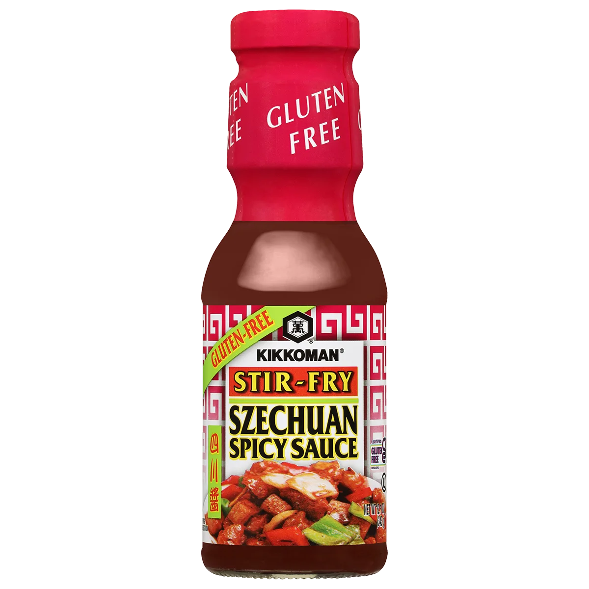 A bottle of Kikkoman Gluten Free Stir-Fry Szechuan Spicy Sauce with a red cap and label featuring a picture of stir-fried vegetables.