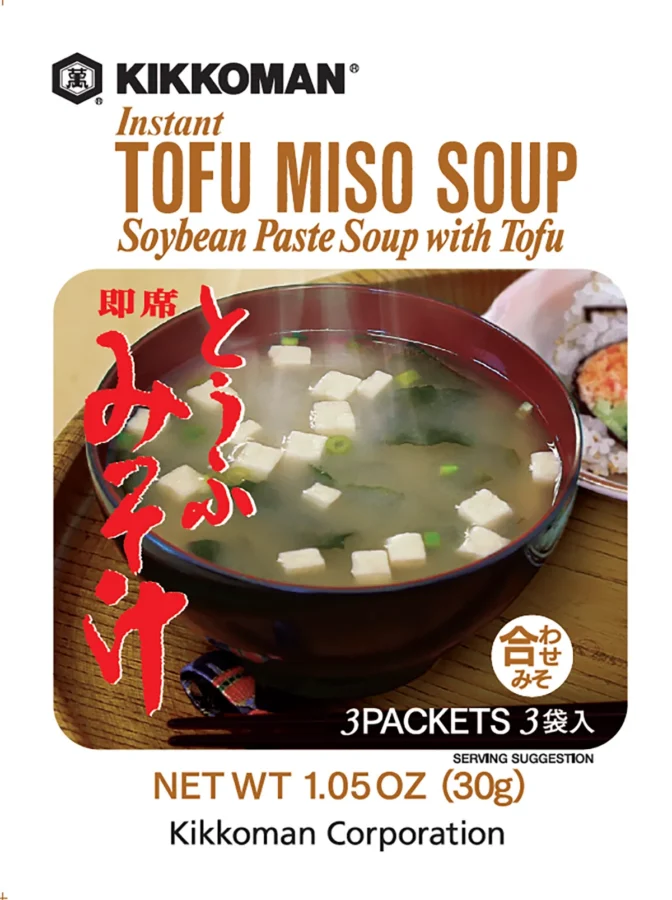 A package of Kikkoman Instant Tofu Miso Soup, showing a bowl of soup with tofu cubes and green onions, labeled as containing 3 packets and weighing 1.05 oz (30g).