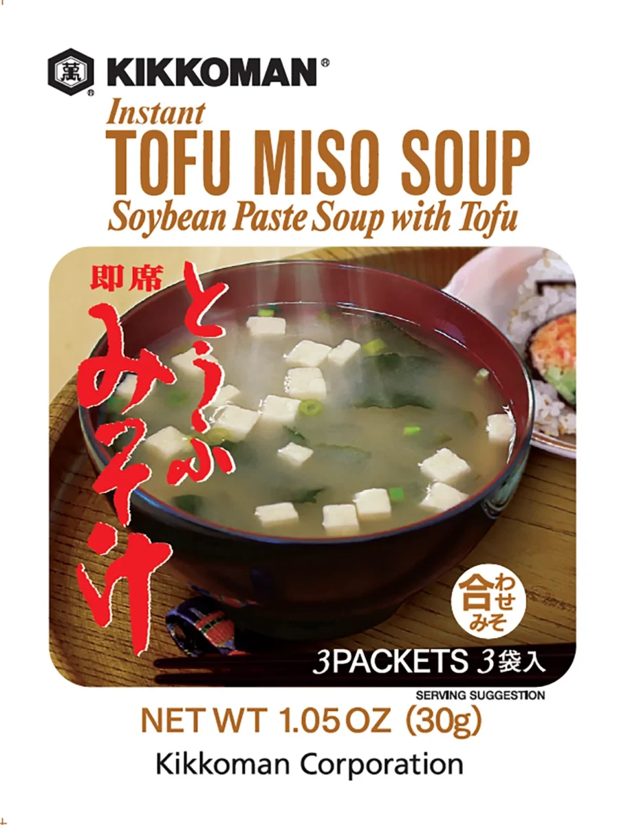 A package of Kikkoman Instant Tofu Miso Soup, showing a bowl of soup with tofu cubes and green onions, labeled as containing 3 packets and weighing 1.05 oz (30g).