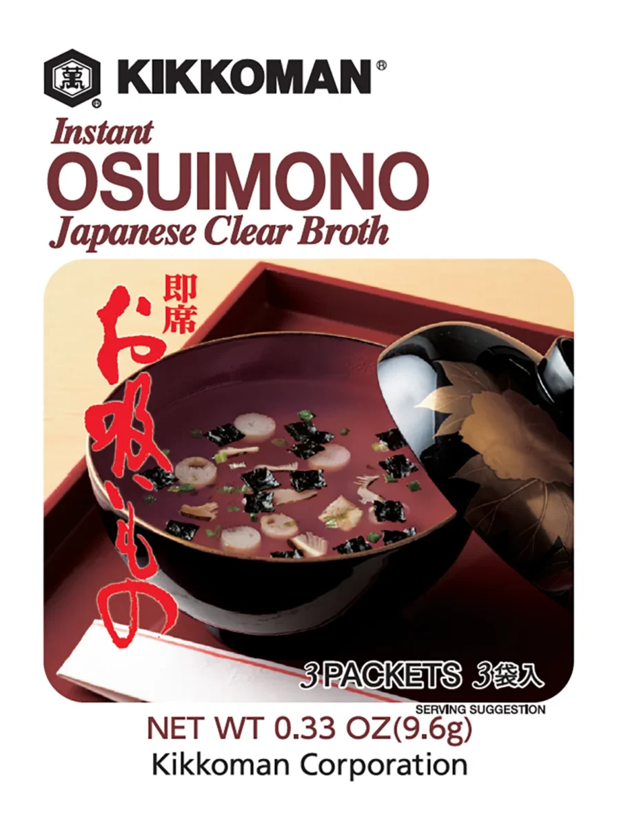 Box of Kikkoman Instant Osuimono Japanese Clear Broth with an image of the soup in a black bowl, showing herbs and tofu, and text indicating 3 packets and net weight of 0.33 oz (9.6g).