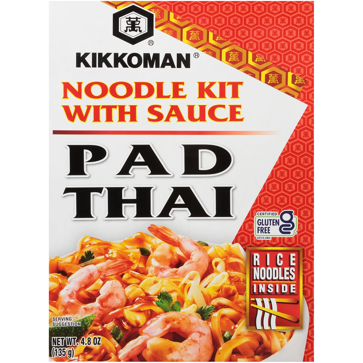 Front of a Kikkoman Pad Thai noodle kit box showing shrimp, noodles, and vegetables with text highlighting gluten-free rice noodles and included sauce.