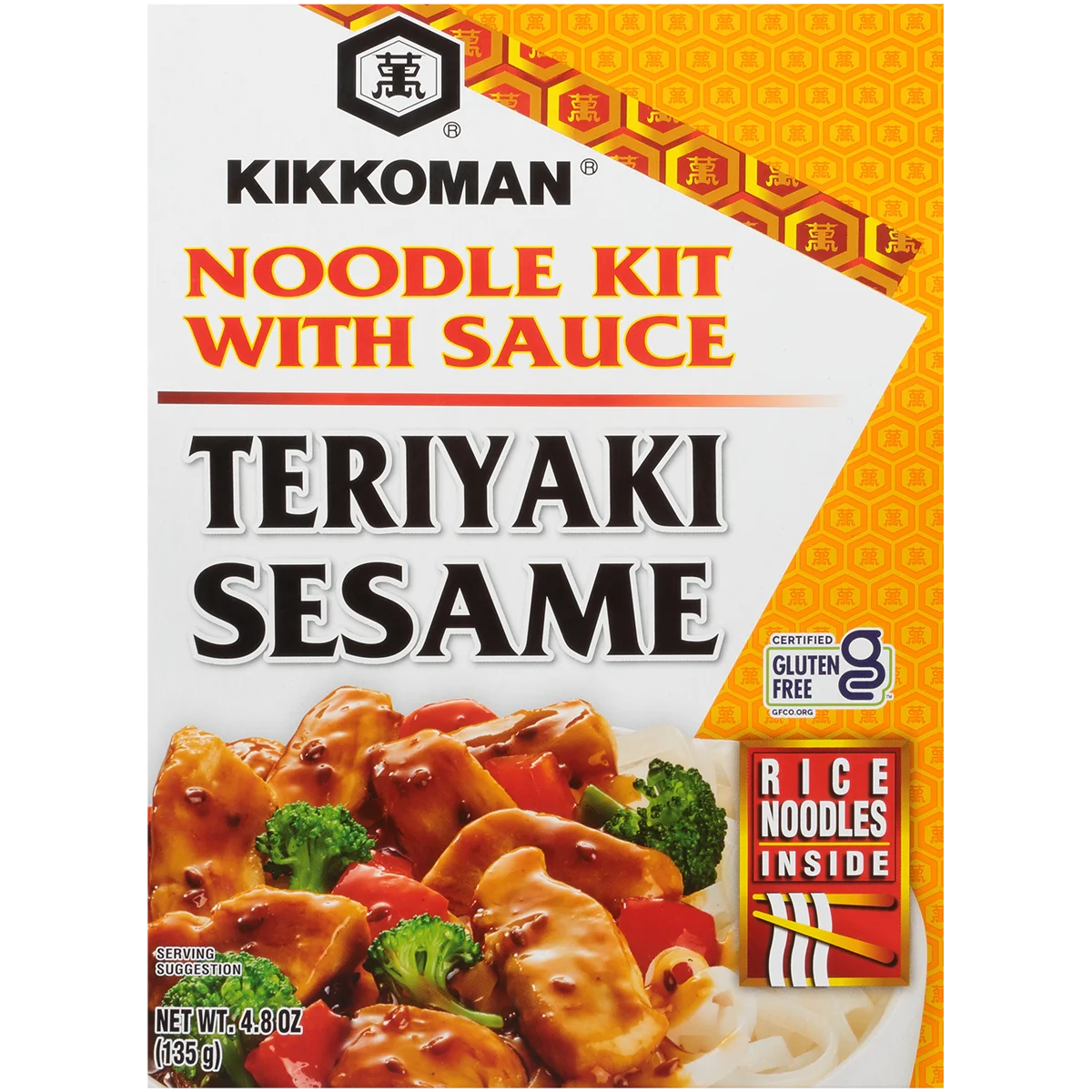 Front of a Kikkoman Teriyaki Sesame Noodle Kit with Sauce box, featuring images of chicken, vegetables, and rice noodles, plus gluten-free and rice noodle labels.