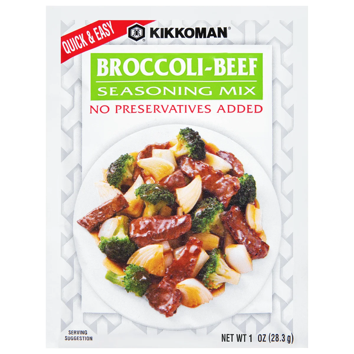 Front of a Kikkoman Broccoli-Beef Seasoning Mix packet showing a serving suggestion of beef, broccoli, and onions on a plate. Text notes "No Preservatives Added" and net weight of 1 oz.