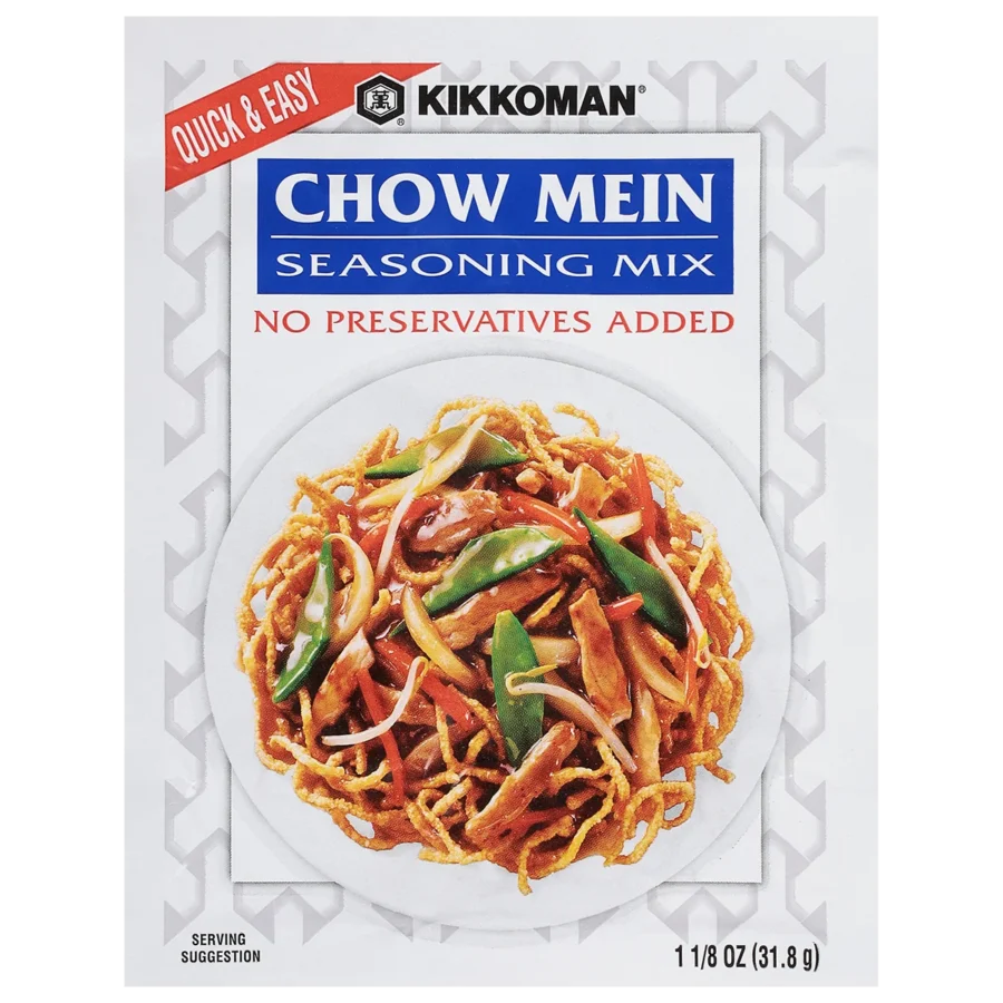 Front of a Kikkoman Chow Mein Seasoning Mix packet, showing a plate of chow mein with vegetables and meat. Text highlights "No Preservatives Added" and the net weight is 1 1/8 oz (31.8g).