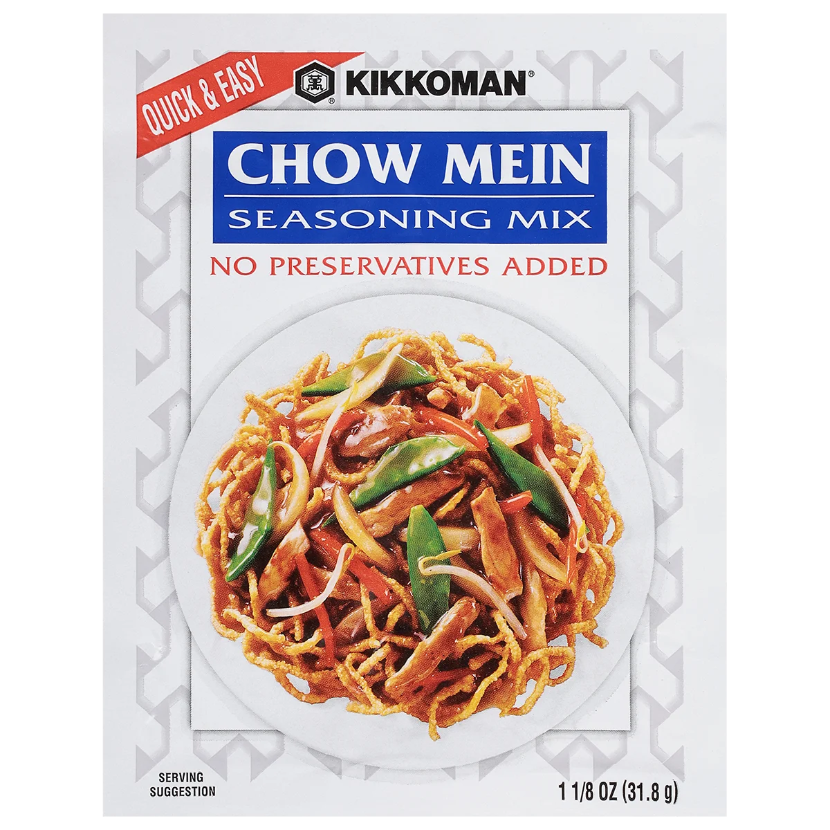Front of a Kikkoman Chow Mein Seasoning Mix packet, showing a plate of chow mein with vegetables and meat. Text highlights "No Preservatives Added" and the net weight is 1 1/8 oz (31.8g).
