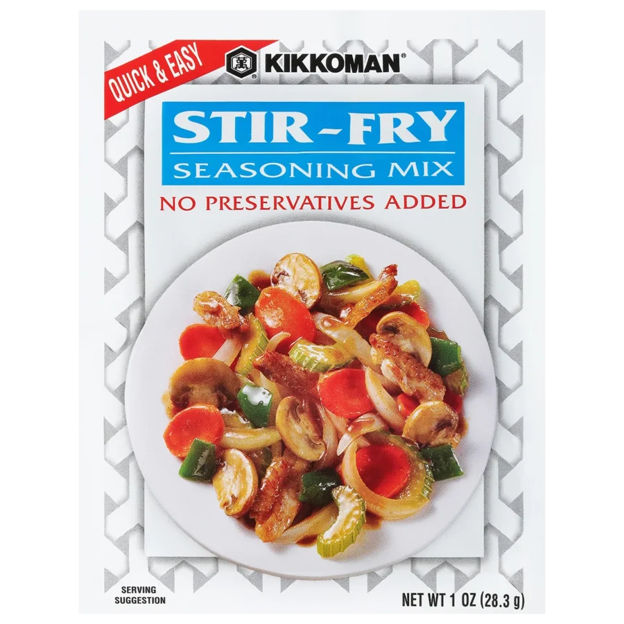 Packet of Kikkoman Stir-Fry Seasoning Mix featuring an image of stir-fried vegetables and meat, with text stating "No Preservatives Added" and "Quick & Easy.